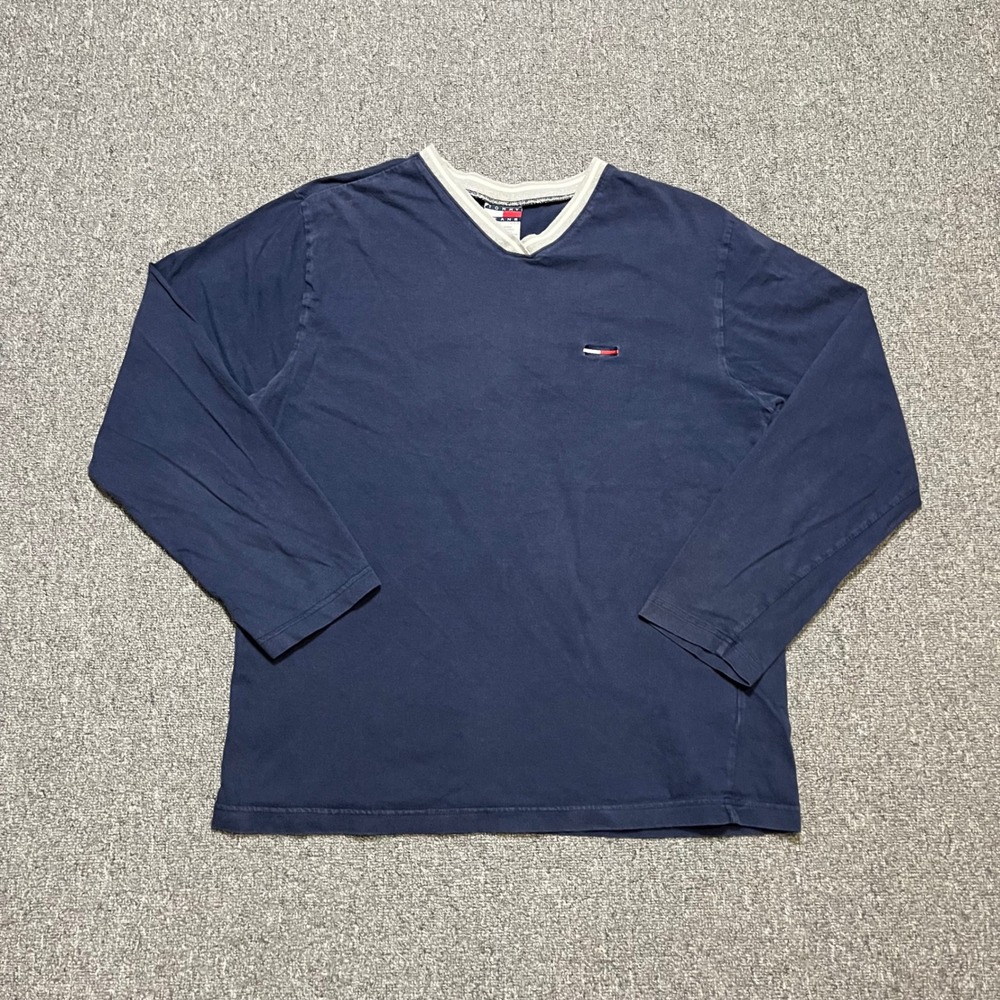Vintage Tommy Jeans Shirt Large‎ Navy Blue Long Sleeve V-Neck Flag Logo 90s Mens